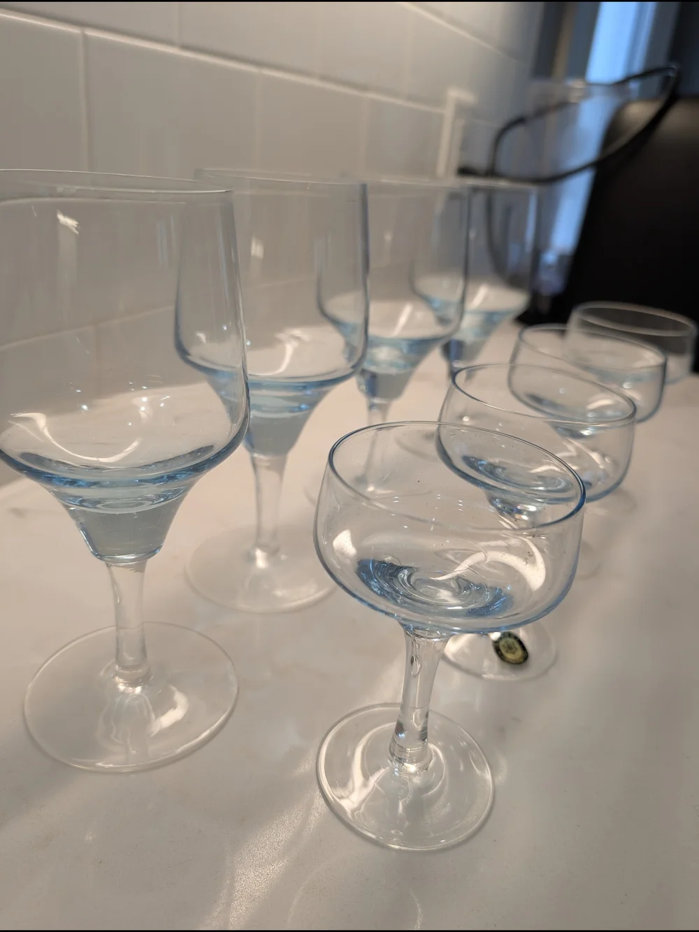 Mid-Century Modern Light Blue Sasaki Glass Wine Glasses & Cocktail Coupes - Set